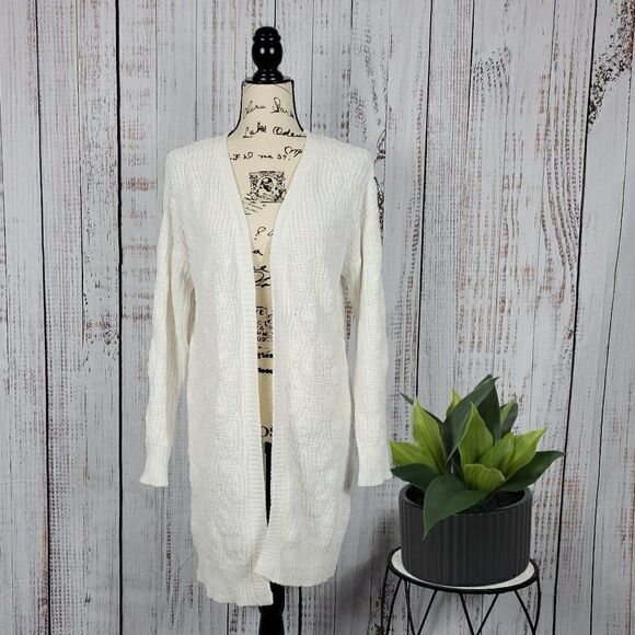 Poof Apparel Cream White Large Boho Crotchet Knit Long Sleeve Sweater Cardigan - Picture 1 of 8